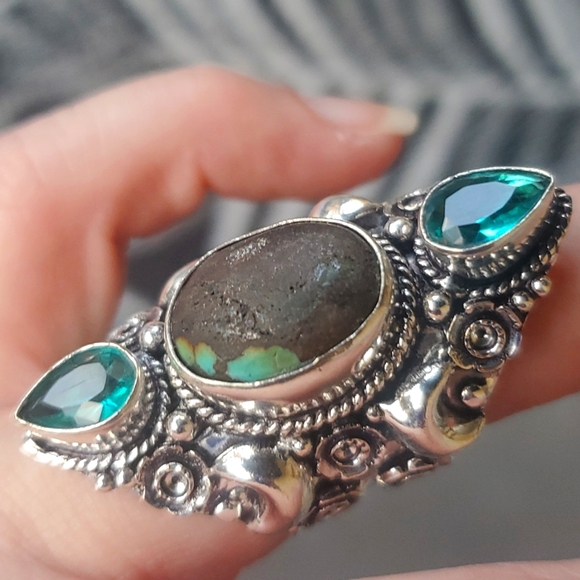New Turquoise & Diopside 925 Silver Crescent Moon Statement Ring. - Picture 2 of 12